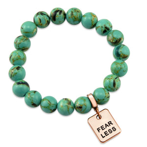 Teal coloured stone bead bracelet with rose gold word charm.
