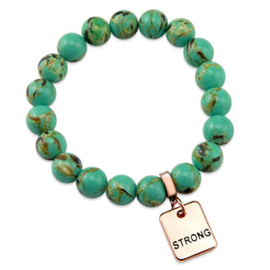 Teal coloured stone bead bracelet with rose gold word charm.