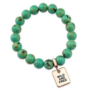Teal coloured stone bead bracelet with rose gold word charm.