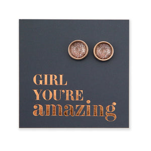 Beautiful rose gold printed stainless steel circle stud hypoallergenic earrings on girl you are amazing gift cards.