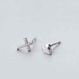 Cross & Heart - Sterling Silver Studs - Love Just For You (11663)
