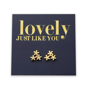 Stainless Steel flower shape earrings. Hypoallergenic studs in Rose Gold, Silver, Black & Gold. Star shaped. Beautiful Gifts by Sister and Soul. Foil feature gift card Girl you are amazing.