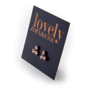 Stainless Steel flower shape earrings. Hypoallergenic studs in Rose Gold, Silver, Black & Gold. Star shaped. Beautiful Gifts by Sister and Soul. Foil feature gift card Girl you are amazing.