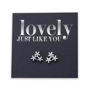 Stainless Steel flower shape earrings. Hypoallergenic studs in Rose Gold, Silver, Black & Gold. Star shaped. Beautiful Gifts by Sister and Soul. Foil feature gift card Girl you are amazing.