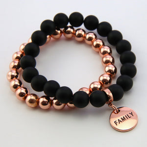 Stone Bead Bracelet Duo. Matt Black Onyx stone with rose gold clip and COURAGE word charm with rose gold hematite stacker bracelet.