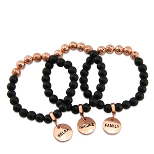8mm Matt Black Onyx + Rose Gold Lava Stone beads - with Rose Gold Word Charm