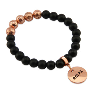 8mm Matt Black Onyx + Rose Gold Lava Stone beads - with Rose Gold Word Charm