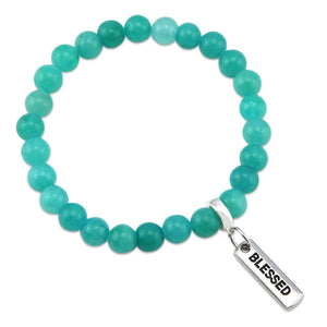 Stone Bracelet - Deep Ocean Jade 8mm Beads - With Silver Word Charm