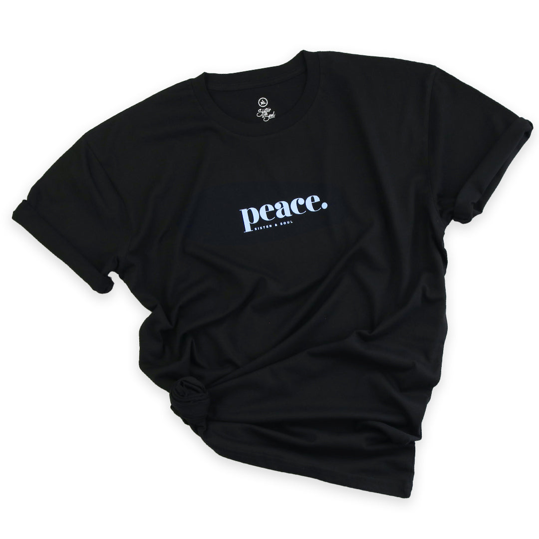 Black oversized plus size t-shirt - women's tee with peace print in pale blue.