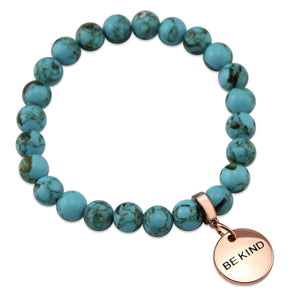 Teal coloured stone bracelet with word charm and rose gold clip.