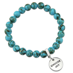 Teal coloured stone bracelet with word charm and silver clip.