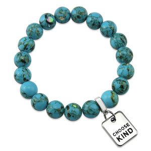 Teal coloured stone bracelet with word charm and silve r clip.