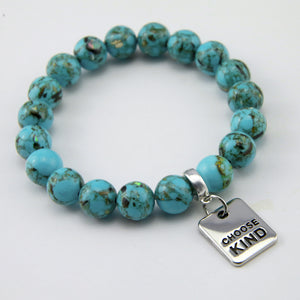 TEAL COLLECTION - Peacock Teal Synthesis 10mm Stone Bead Bracelet - Silver Word Charms