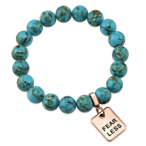 Teal coloured stone bracelet with word charm and rose gold clip.