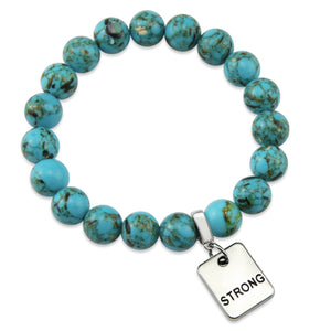 Teal coloured stone bracelet with word charm and silve r clip.