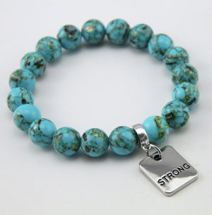 TEAL COLLECTION - Peacock Teal Synthesis 10mm Stone Bead Bracelet - Silver Word Charms