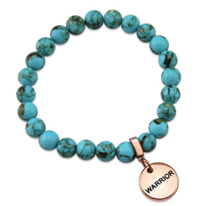 Teal coloured stone bracelet with word charm and rose gold clip.