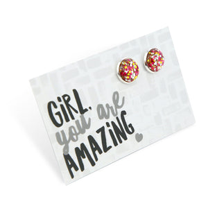 PINK COLLECTION SPARKLEFEST - Girl You're Amazing - Bright Silver Stud Earrings - Pink, Gold & Silver Glitter (2302-R)