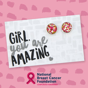 PINK COLLECTION SPARKLEFEST - Girl You're Amazing - Bright Silver Stud Earrings - Pink, Gold & Silver Glitter (2302-R)
