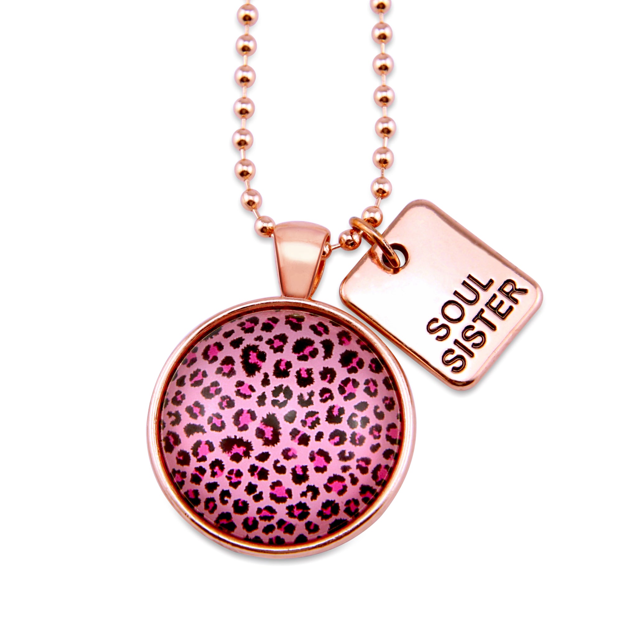 PINK COLLECTION - Rose Gold 'SOUL SISTER' Circle Necklace - Pink Leopard (10354)