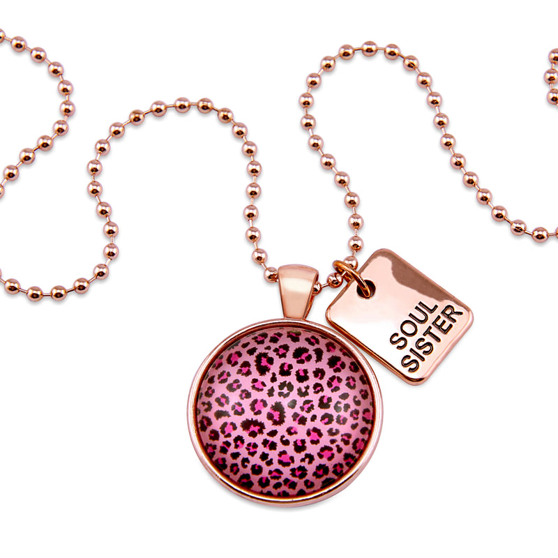 PINK COLLECTION - Rose Gold 'SOUL SISTER' Circle Necklace - Pink Leopard (10354)
