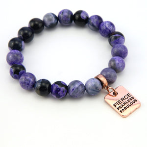 Stone Bracelet - Purple Fire Agate Stone 10mm Beads - with Rose Gold Word charm