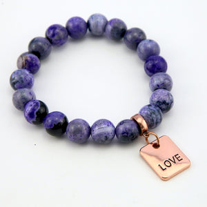 Stone Bracelet - Purple Fire Agate Stone 10mm Beads - with Rose Gold Word charm