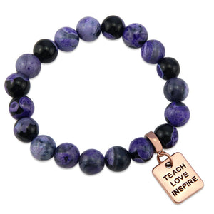 Stone Bracelet - Purple Fire Agate Stone 10mm Beads - with Rose Gold Word charm