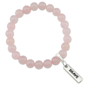 Rose Quartz 8mm stone bracelet with silver brave word charm and clip.
