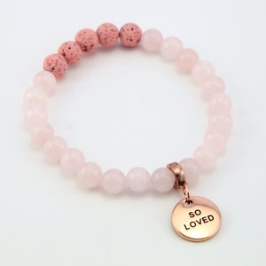 Lava Stone Bracelet - 8mm Rose Quartz Pink Lava Stone beads - with Rose Gold Word Charm