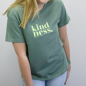 Kindness - Boxy Tee - Sage with Soft Lime Print