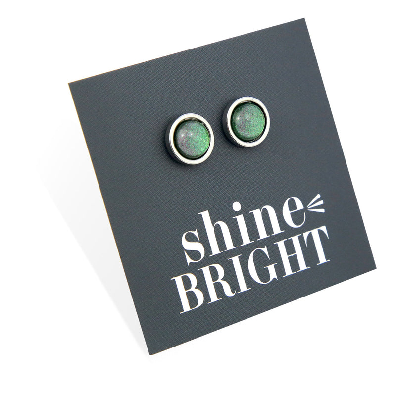 Shine Bright - Silver Stainless Steel 8mm Circle Studs - Green Shimmer (11221)