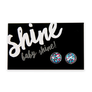 SPARKLEFEST - Shine Baby Shine - Bright Silver 12mm Circle Studs - Pink, Aqua Blue & Silver (8508)