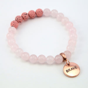 Lava Stone Bracelet - 8mm Rose Quartz Pink Lava Stone beads - with Rose Gold Word Charm