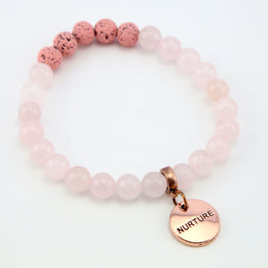 Lava Stone Bracelet - 8mm Rose Quartz Pink Lava Stone beads - with Rose Gold Word Charm