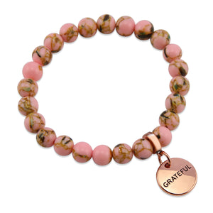 Soft Pink Synthesis Stone 8mm Bead Bracelet with Grateful Rose Gold Word Charm. Fundraiser for the National Breast Cancer Foundation
