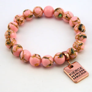 Soft Pink Synthesis Stone 10mm Bead Bracelet with Fierce Fearless Fabulous Rose Gold Word Charm. Fundraiser for the National Breast Cancer Foundation