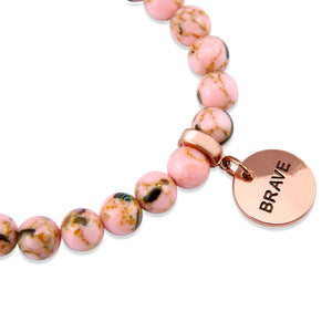 Soft Pink Synthesis Stone 8mm Bead Bracelet with Brave Rose Gold Word Charm. Fundraiser for the National Breast Cancer Foundation