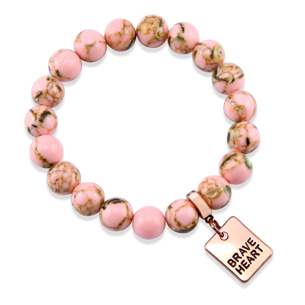 Soft Pink Synthesis Stone 10mm Bead Bracelet with Brave Heart Rose Gold Word Charm. Fundraiser for the National Breast Cancer Foundation
