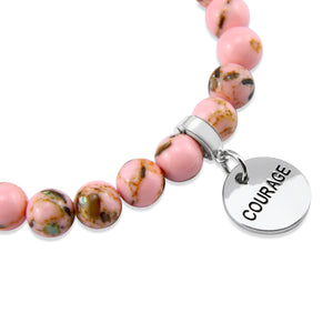 Soft Pink Synthesis Stone 8mm Bead Bracelet with Courage Silver Word Charm. Fundraiser for the National Breast Cancer Foundation