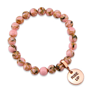 Soft Pink Synthesis Stone 8mm Bead Bracelet with Rise Up Rose Gold Word Charm. Fundraiser for the National Breast Cancer Foundation