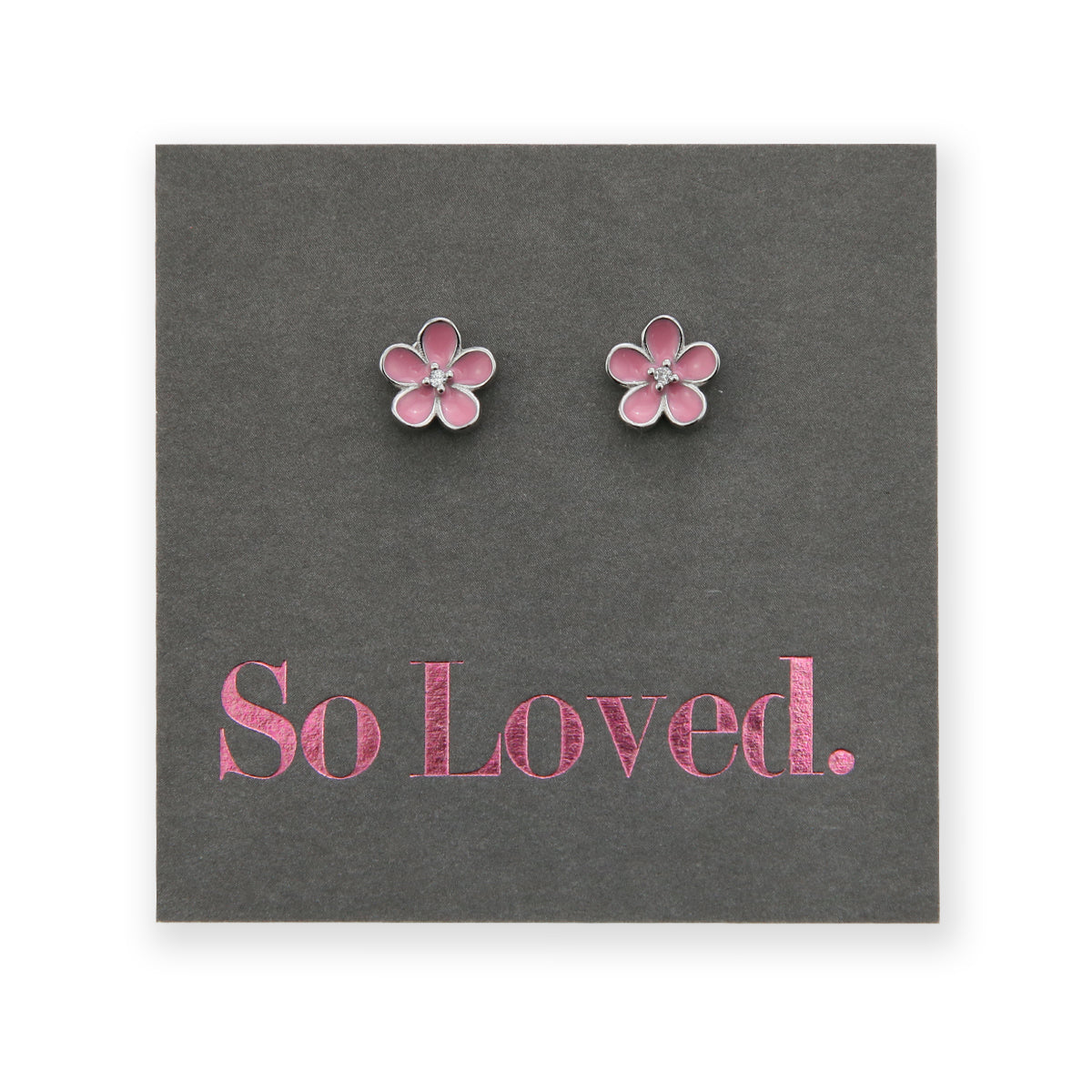 Pink flower studs sterling silver and enamel and cubic zirconia premoum earrings on so loved card, breast cancer fundraiser.