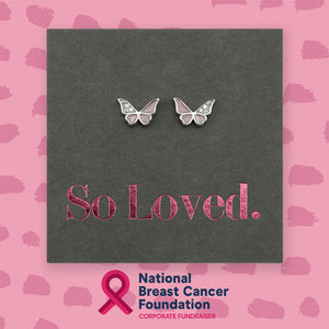 Pink butterfly stud, sterling silver with cubic zirconia, national breast cancer foundation fundraiser.