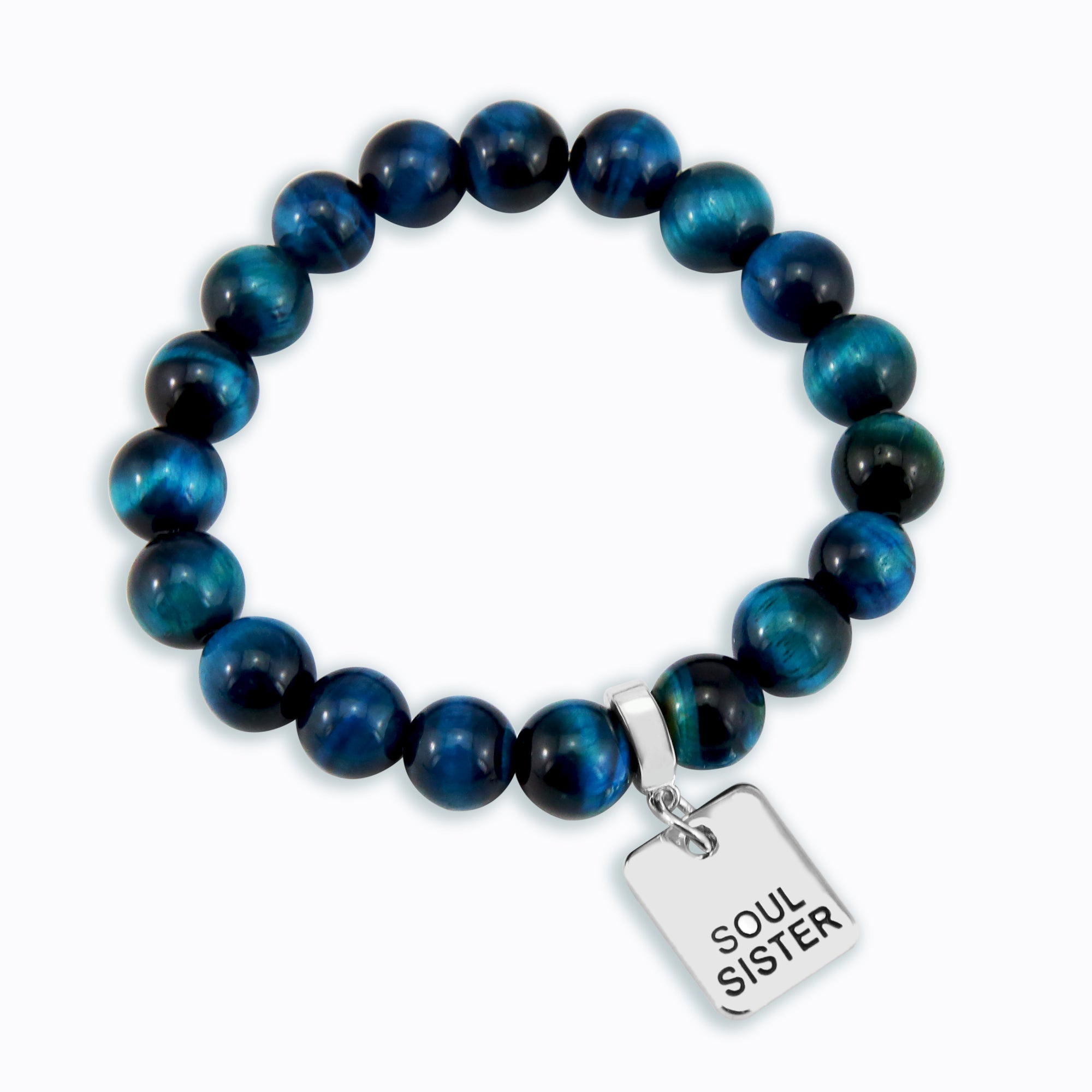 Precious Stone Bracelet - Teal Tigers Eye 10mm Beads - with Silver Word Charms