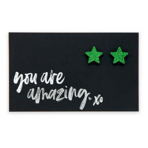 Green glitter star stud on you are amazing card.