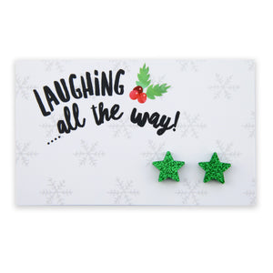 Green glitter star acrylic earring studs with hypoallergenic posts on keep shining posts.