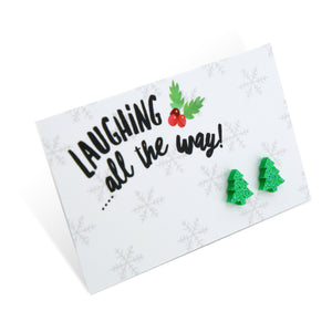 Green glitter sparkle christmas tree shaped studs on laughing all the way studs