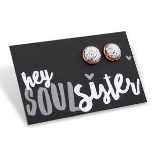 SPARKLEFEST - Hey Soul Sister - Rose Gold 12mm Circle Studs- Silver Glitter (8803)