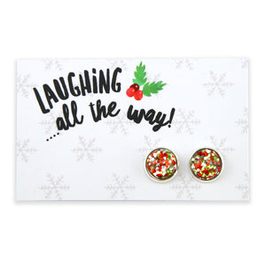 SPARKLEFEST - Laughing All The Way - Bright Silver 12mm Circle Studs - Red, Lime & Silver (11923)