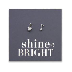 Sterling silver 925 music notes and treble clef earring studs on shine bright card.